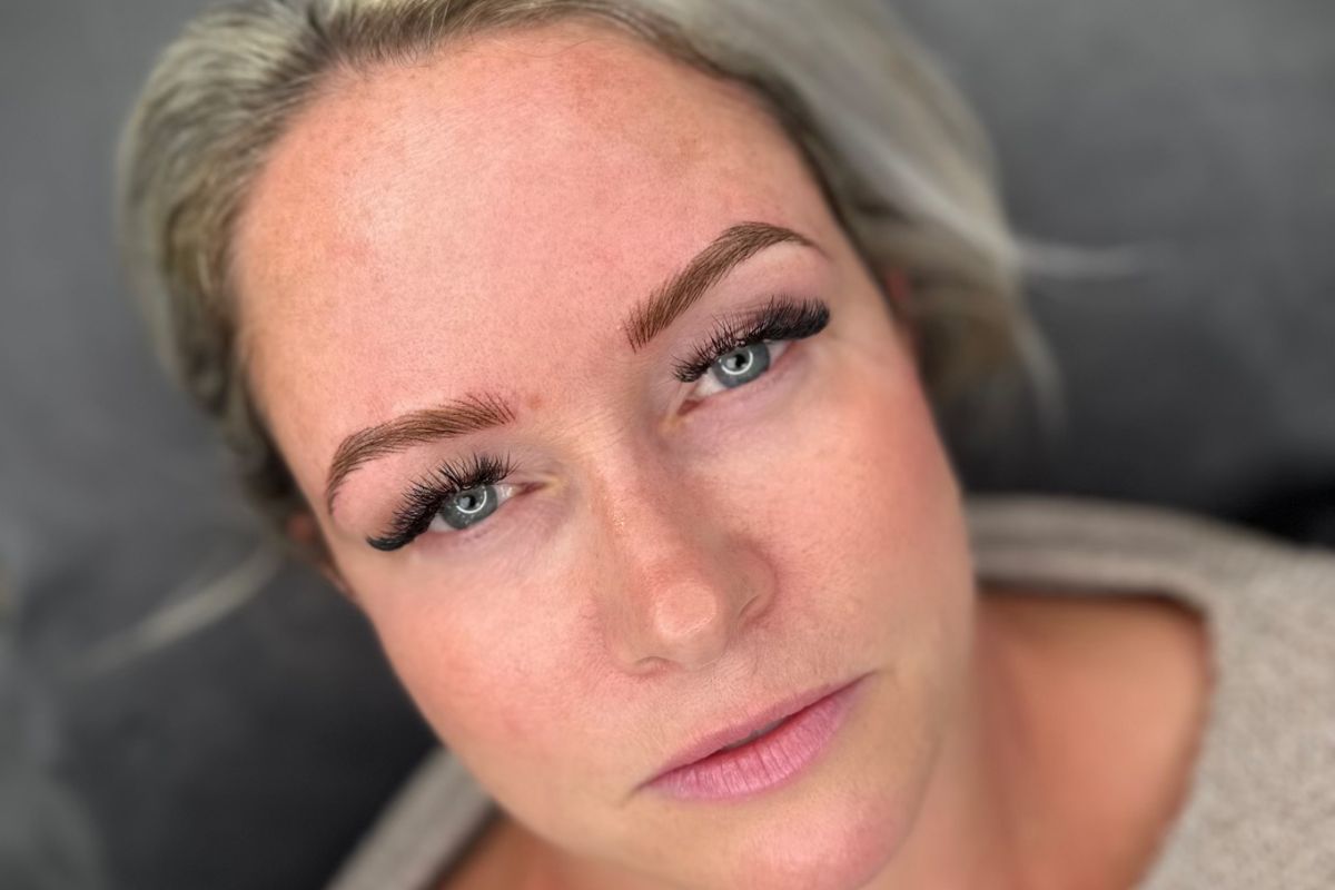 Close-up healed nano strokes blending with natural brows — Brow Lady Boston